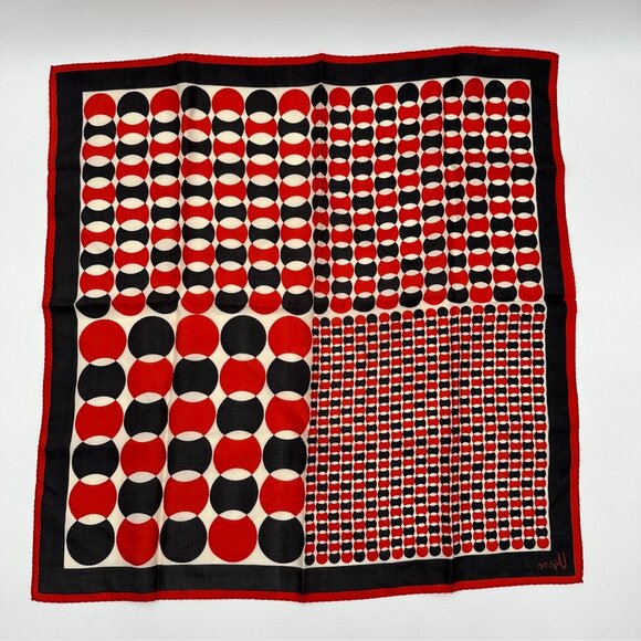 Vintage Vera Neumann Scarf Red Black White Geometric Circles 1960s Rolled Edge - Picture 3 of 8